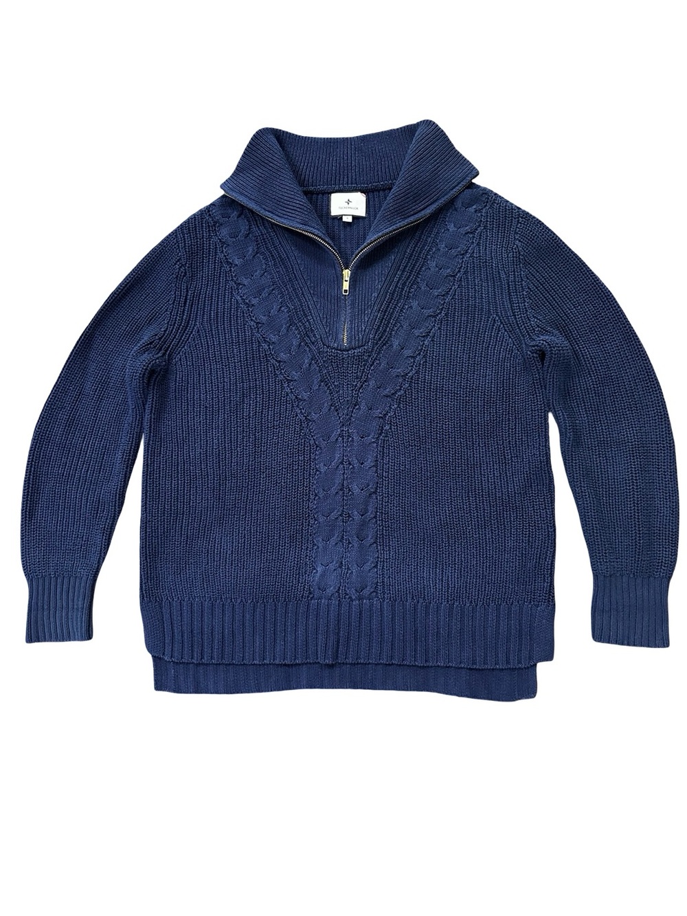 Tuckernuck Navy Blue Estella Sweater Small Quarter Zip Cotton Knit Luxury Chic